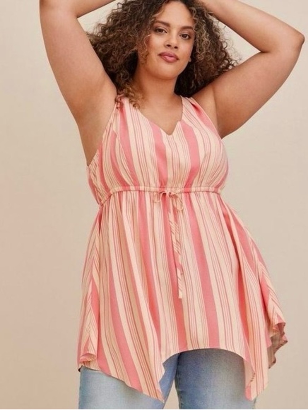 Torrid Baby Doll Hankie Hem Tunic Tank Top 2X Pink Cream Stripe Coastal Beach